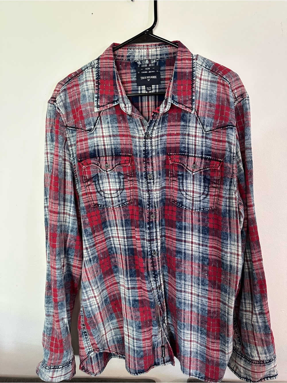 True Religion Red, Blue and White Plaid Button-Down Shirt